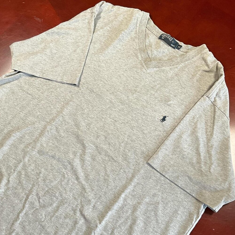VTG Mens Polo Ralph Lauren Gray Single Stitch Short Sleeve VNeck Logo Tee(Large)